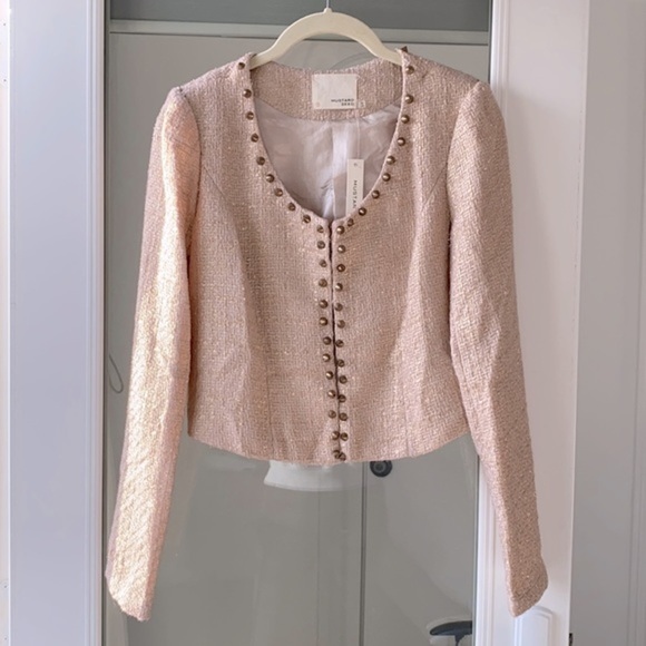 TOBI Metallic Gold Beige Tweed Studded Sparkle Jacket Blazer Suit Top S​ - Picture 3 of 7